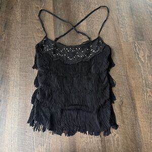 Y2K Bebe Black Fringe Beaded Camisole Top Goth Boho Festival Tank XXS
